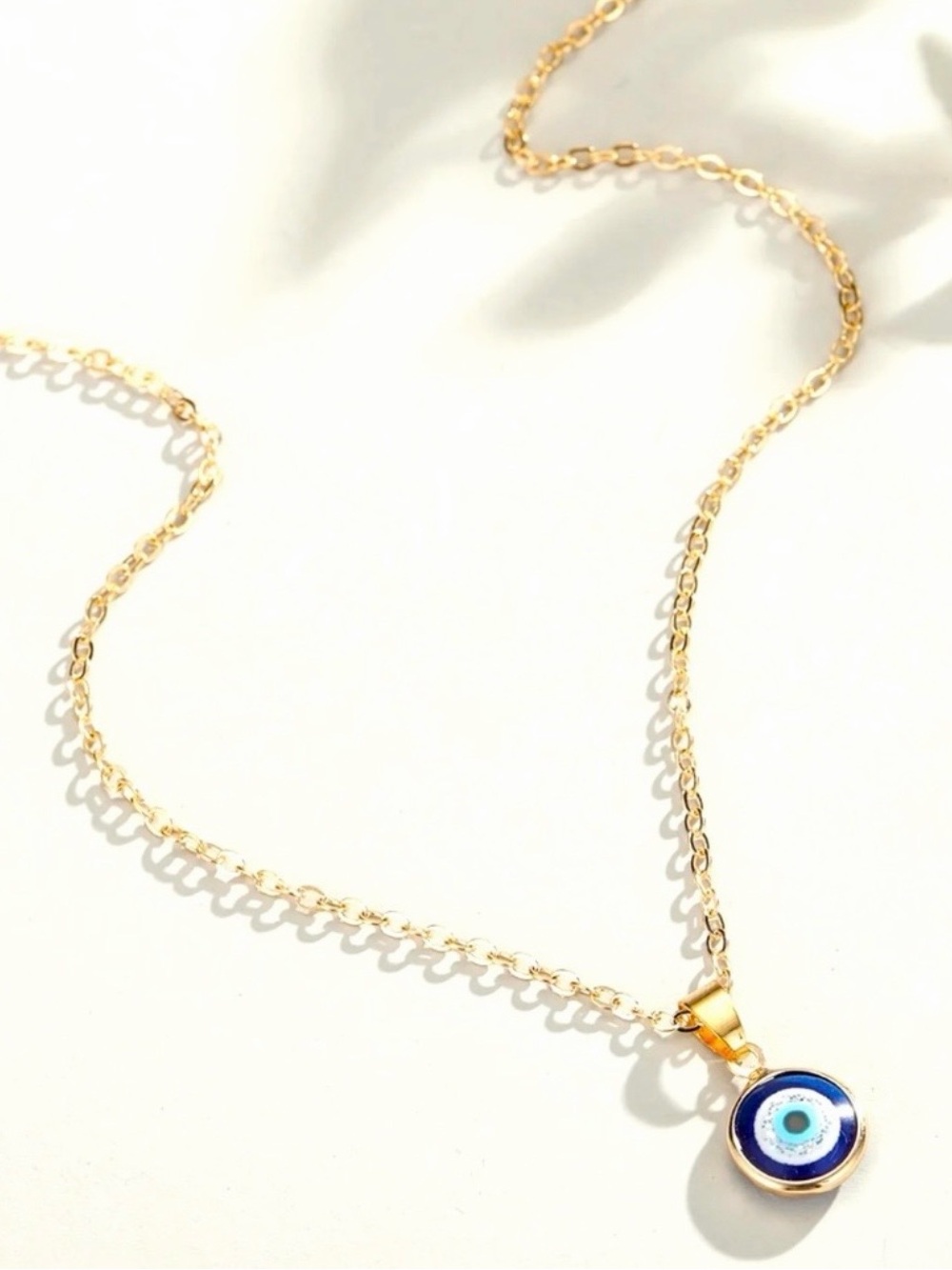 Hand Crafted Gold Necklace with Blue and White Evil Eye Pendant